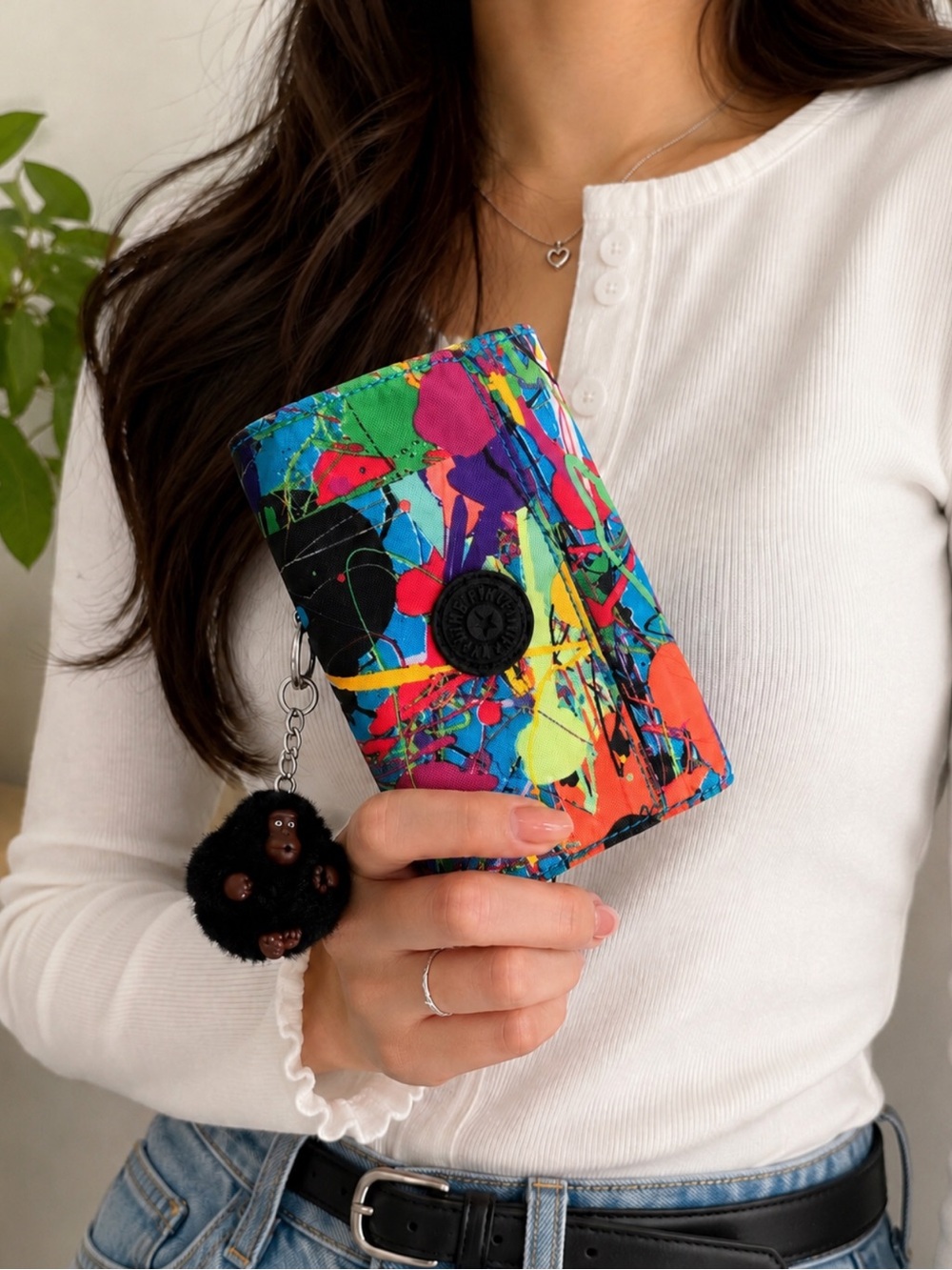 Kipling Tri-Fold Wallet | Colorful Abstract Print | Monkey Keychain